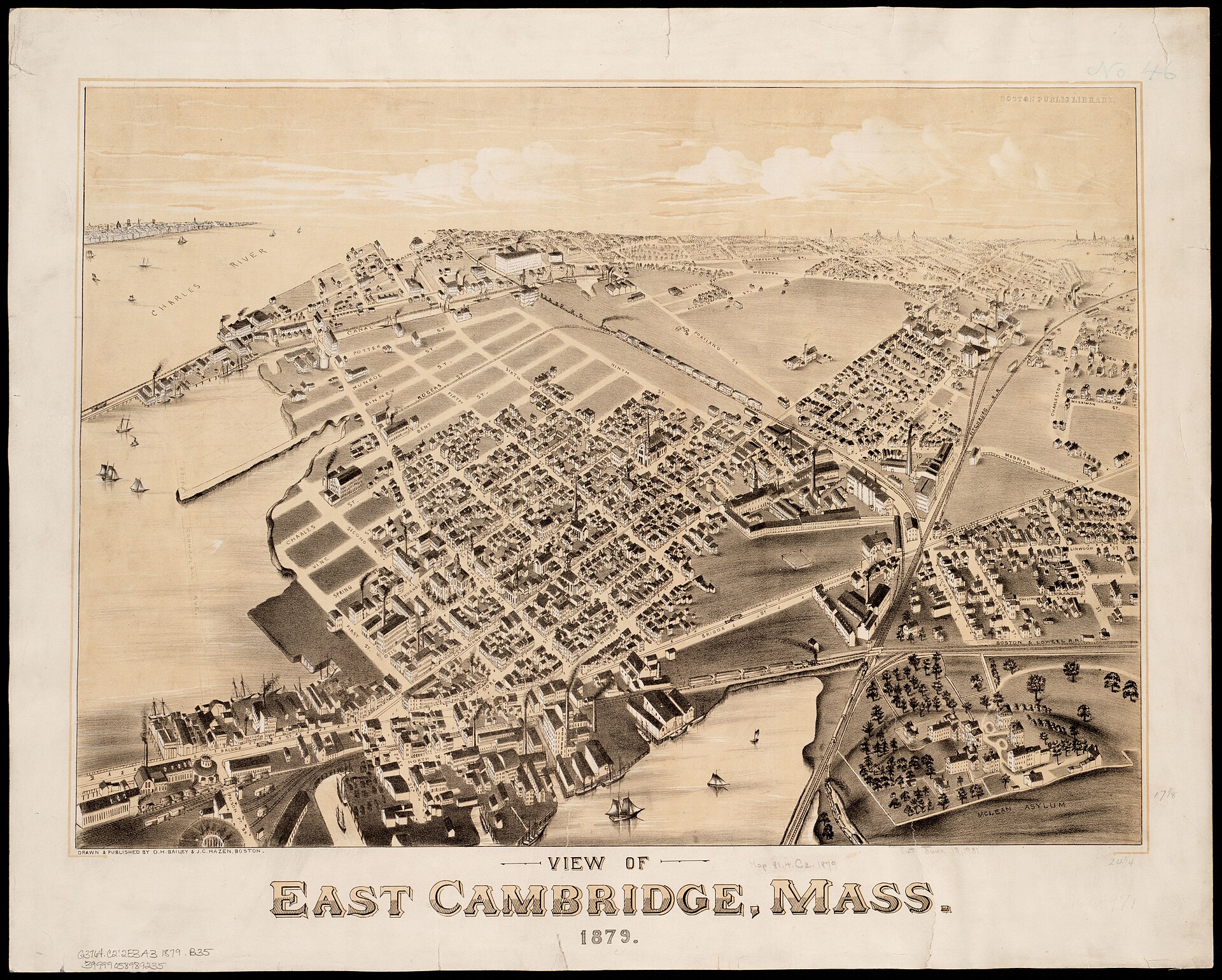 An 1879
bird’s-eye lithograph of East Cambridge: streets, rooftops, and the
harbor drawn in warm sepia.